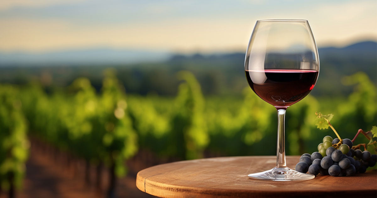 A glass of dark red wine beside an open bottle on a wooden table