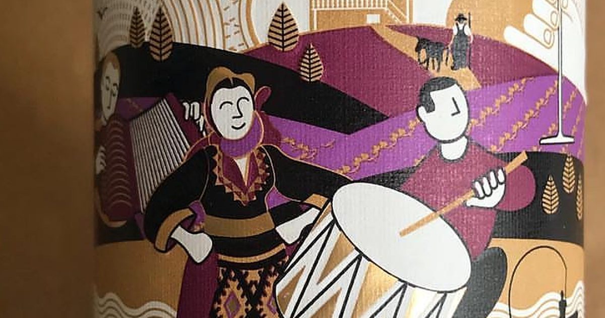 The Kratošija label from Tikveš, with a drummer and a dancer in traditional dress