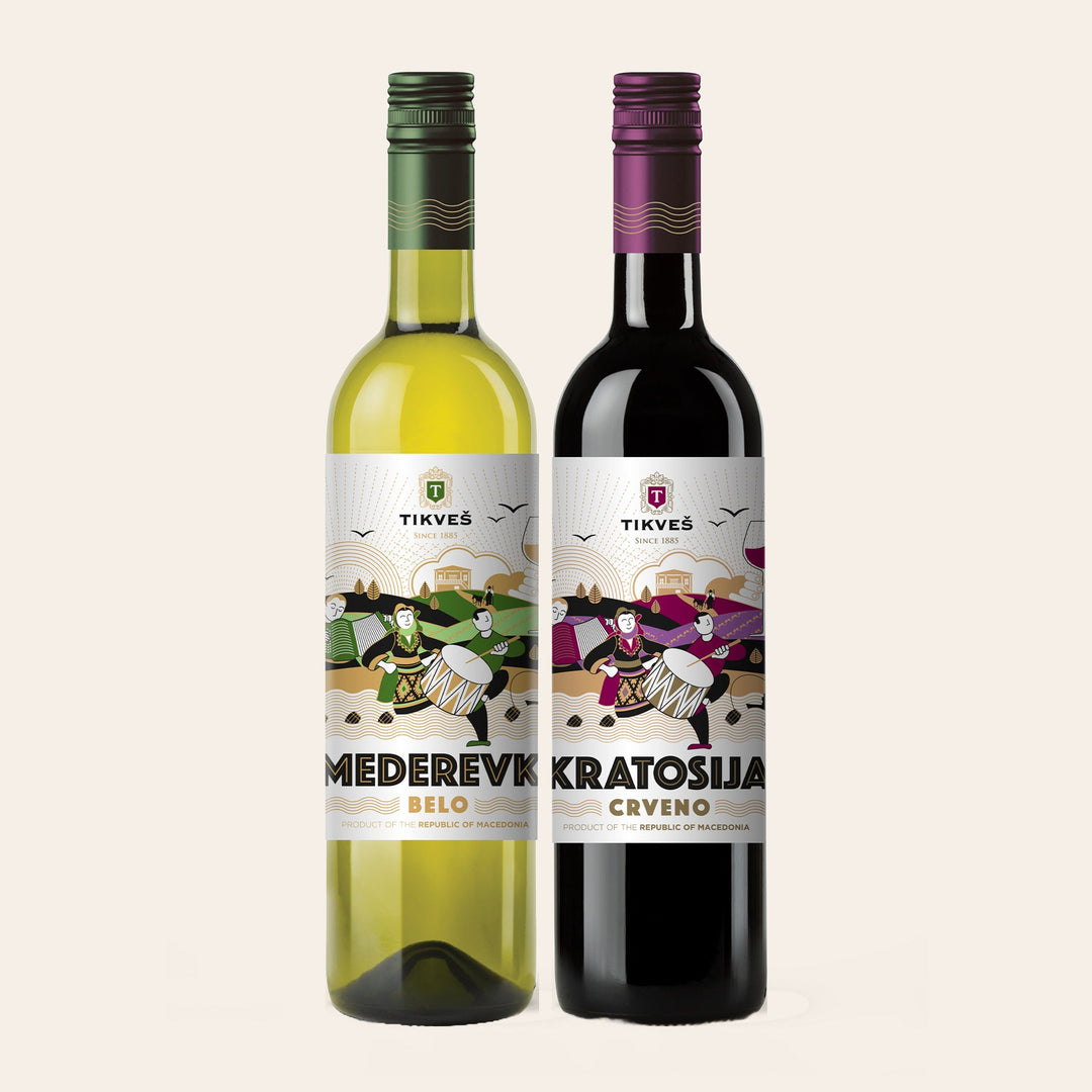 The Entry Pair: Smederevka white and Kratošija red, two bottles on a cream ground