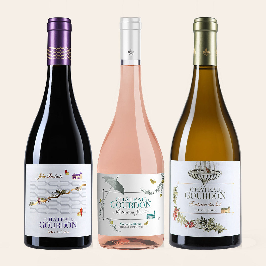 The French Trio: Jolie Balade, Mistral au Jardin and Fontaine du Sud, three bottles on a cream ground