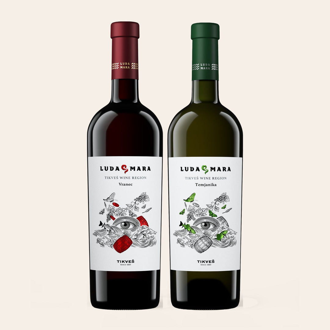 The Luda Mara Pair: Vranec red and Temjanika white, two bottles on a cream ground