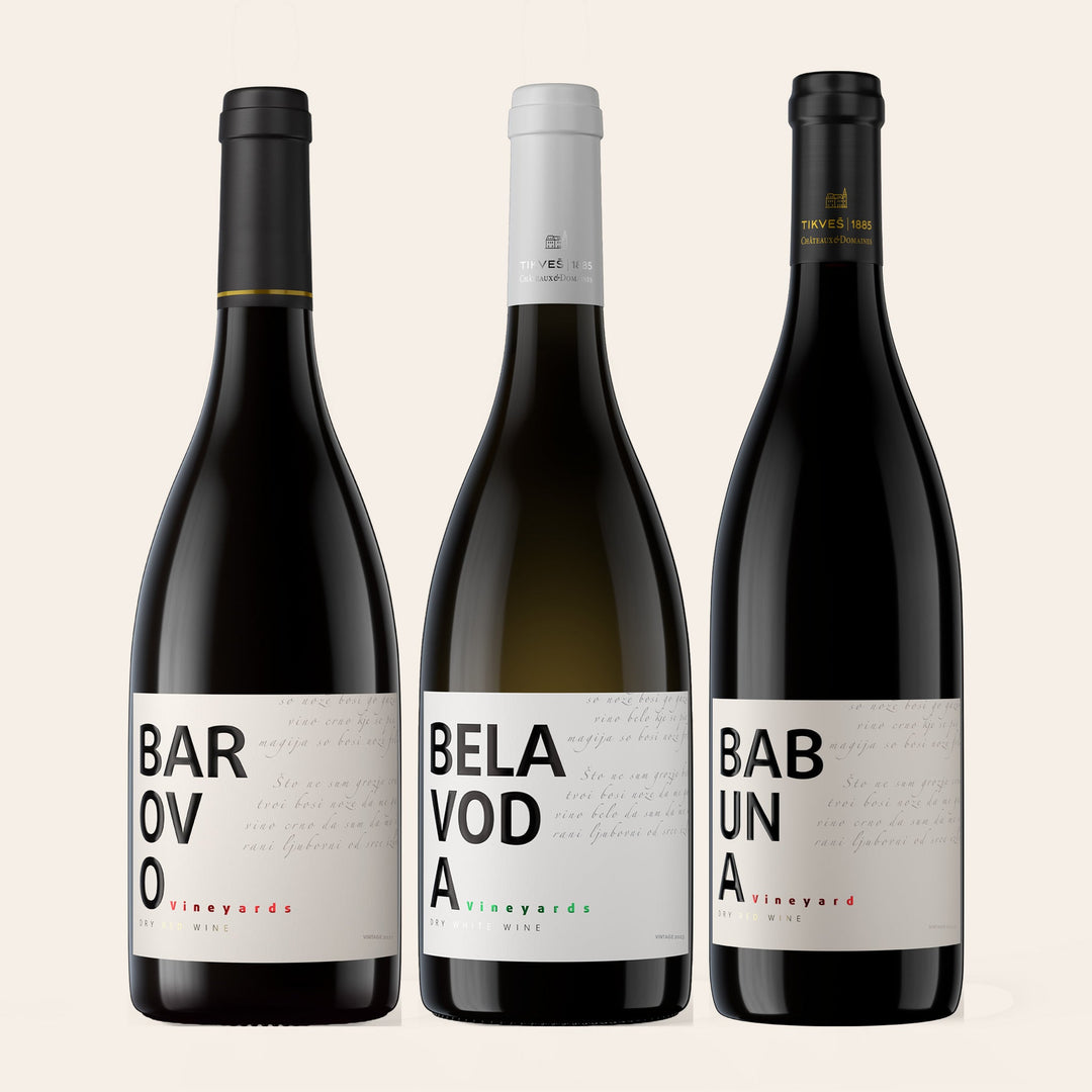 The Single Vineyards: Barovo Red, Bela Voda White and Babuna Red, three bottles on a cream ground
