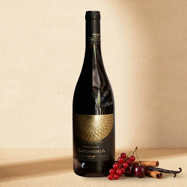 A bottle of Alexandria Premium Cuvée Red on a warm cream surface with redcurrants, cherries, cinnamon sticks and a vanilla pod
