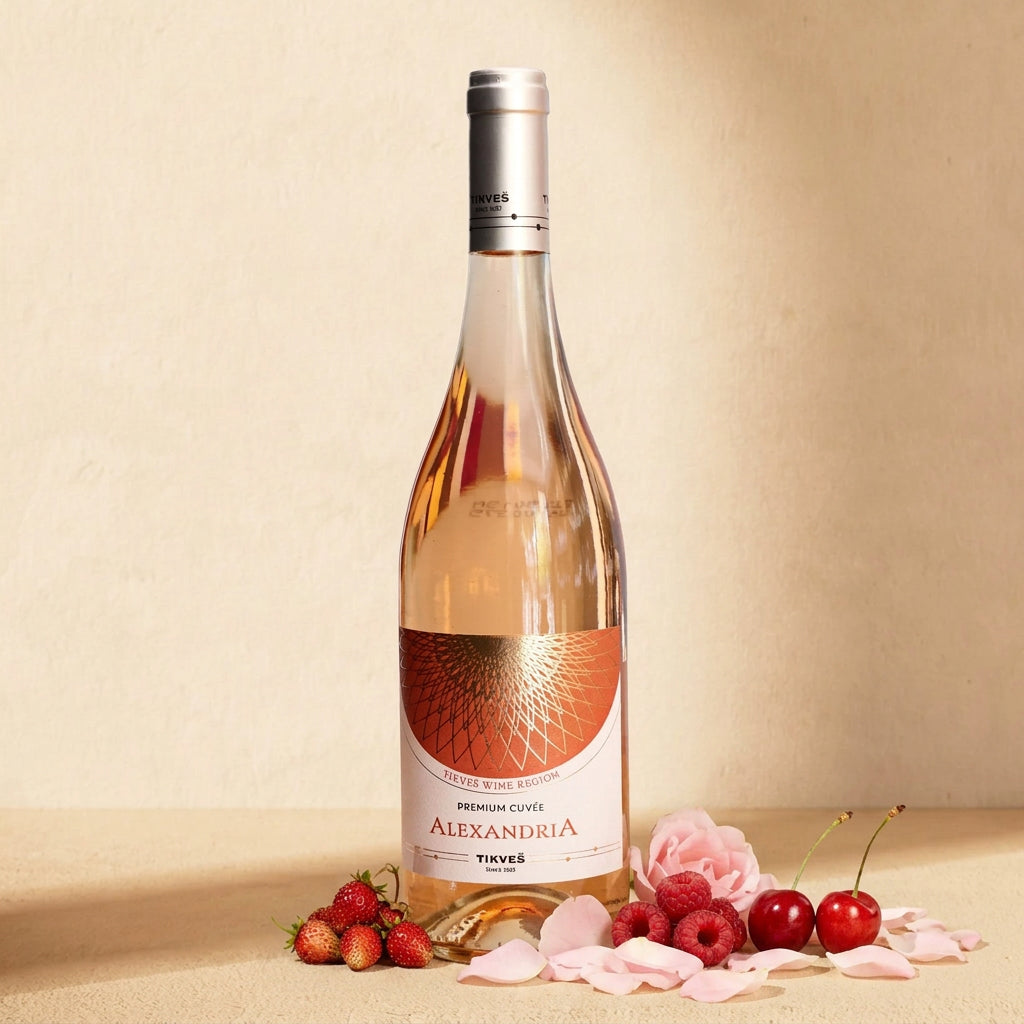 A bottle of Alexandria Premium Cuvée Rosé on a warm cream surface with wild strawberries, raspberries, red cherries and pink rose petals