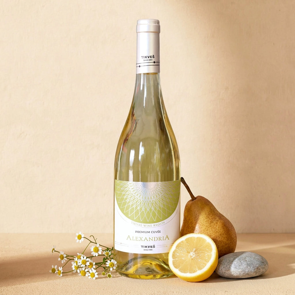 A bottle of Alexandria Premium Cuvée White on a warm cream surface with a ripe pear, half a lemon, a grey pebble and white flowers