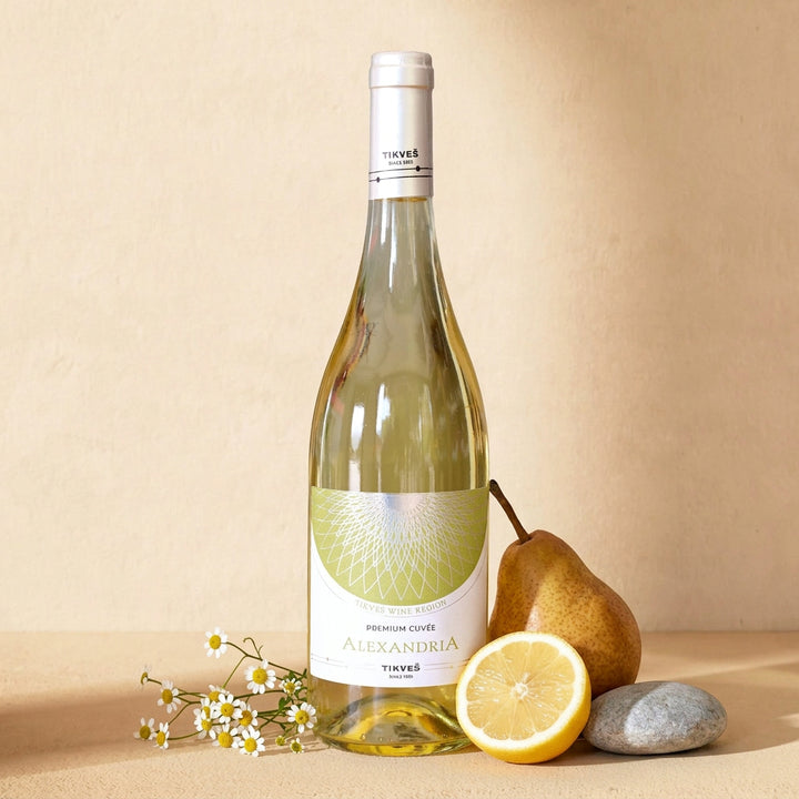 A bottle of Alexandria Premium Cuvée White on a warm cream surface with a ripe pear, half a lemon, a grey pebble and white flowers