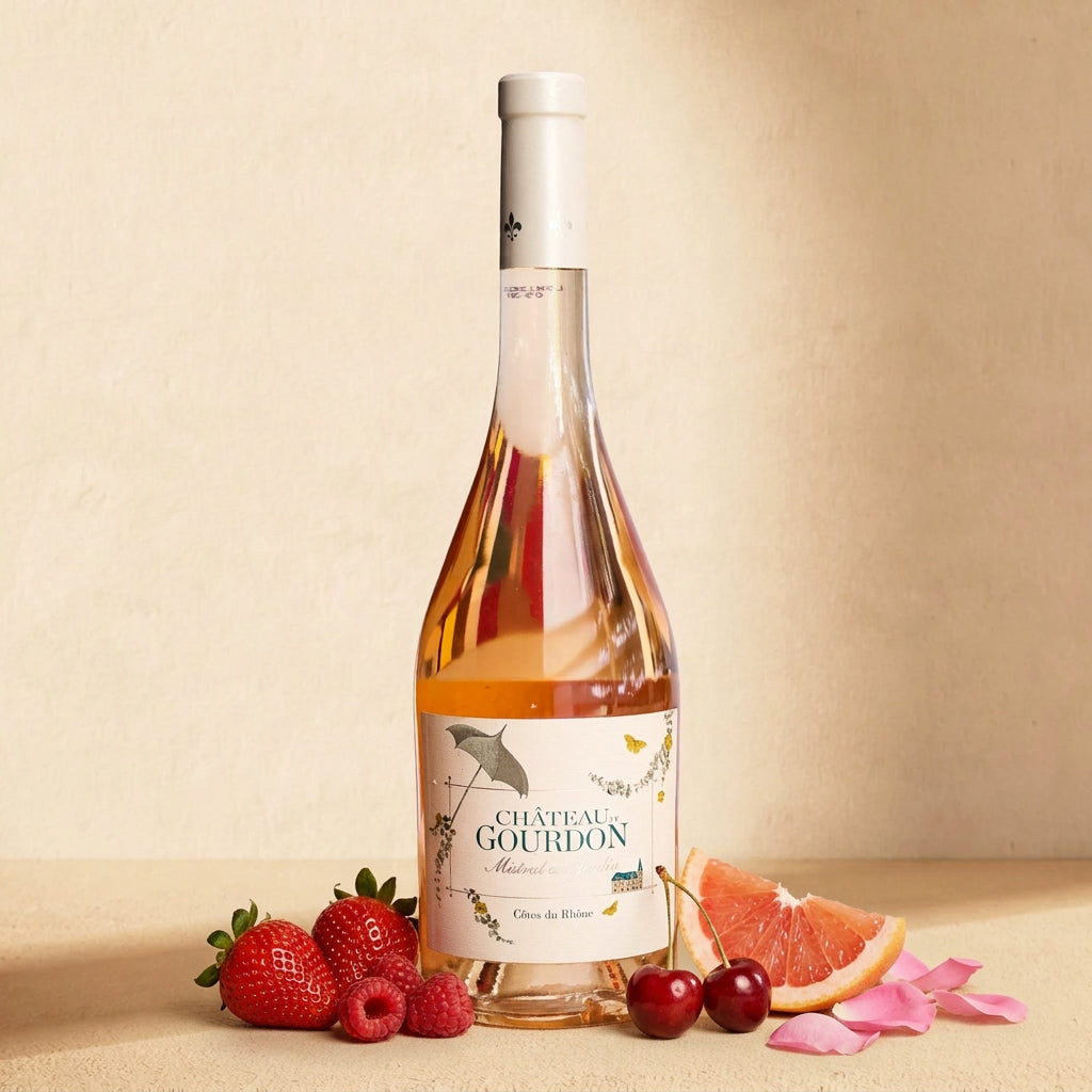 A bottle of Château de Gourdon Mistral au Jardin rosé on a warm cream surface with strawberries, raspberries, cherries, pink grapefruit and rose petals
