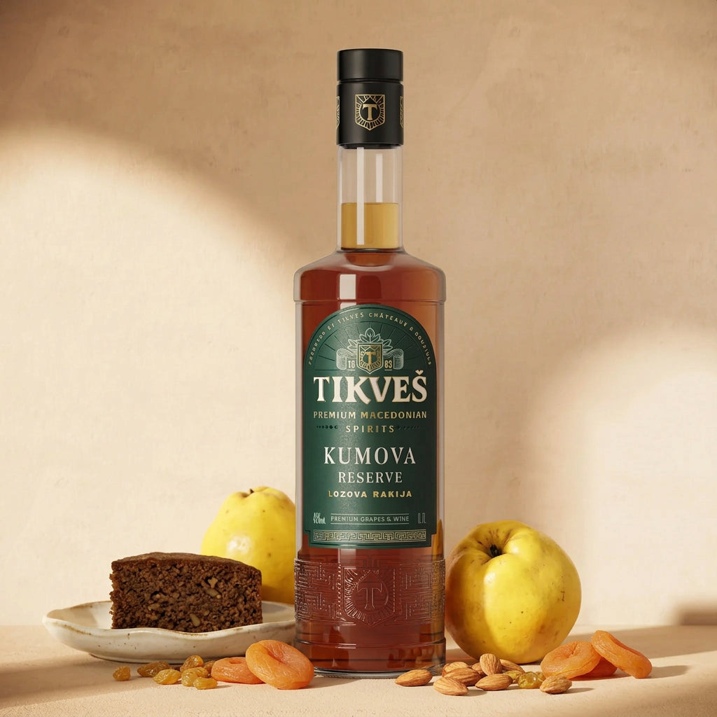 A bottle of Kumova Reserve rakija against a cream wall with a slice of walnut honey cake, quinces, dried apricots, golden raisins and almonds