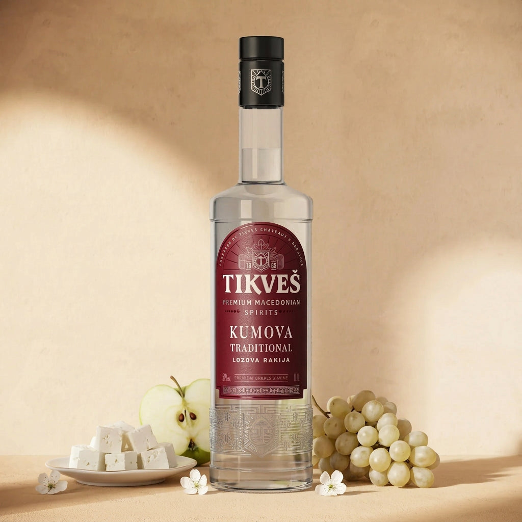 A bottle of Kumova Traditional rakija against a cream wall with white sheep cheese, a halved green apple, white grapes and small blossoms