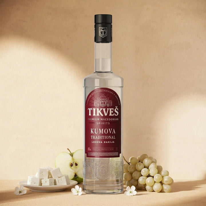 A bottle of Kumova Traditional rakija against a cream wall with white sheep cheese, a halved green apple, white grapes and small blossoms
