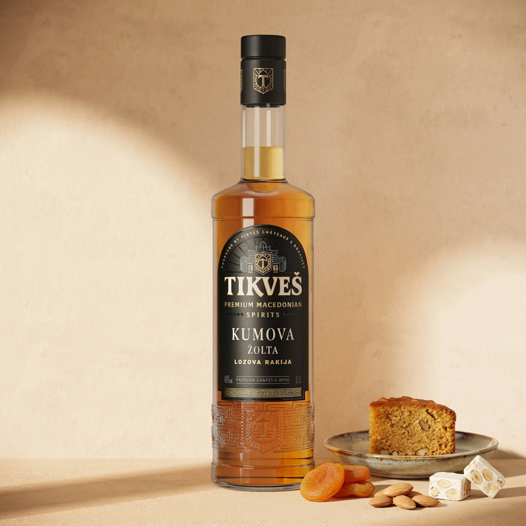 A bottle of Kumova Žolta rakija against a cream wall with a slice of almond honey cake, dried apricots, almonds and nougat