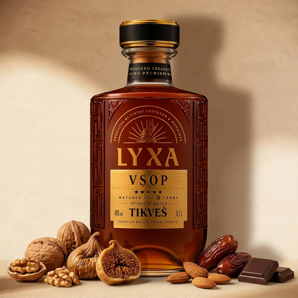 A bottle of LYXA VSOP grape brandy against a cream wall with walnuts, dried figs, dates, almonds and dark chocolate