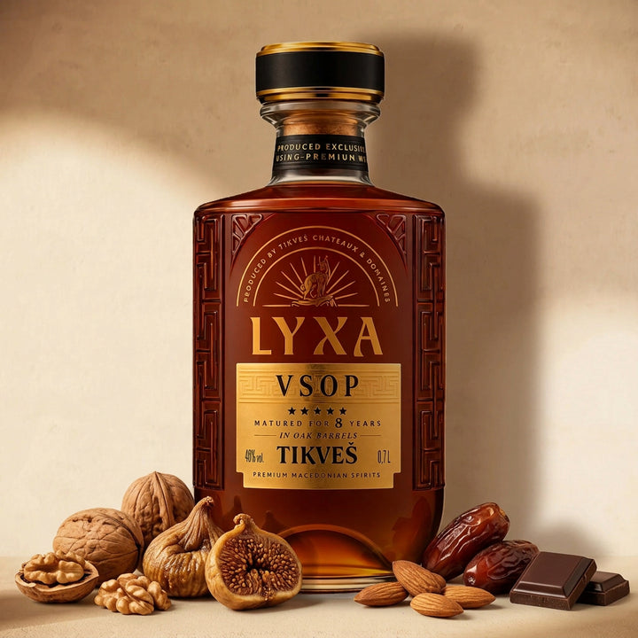 A bottle of LYXA VSOP grape brandy against a cream wall with walnuts, dried figs, dates, almonds and dark chocolate