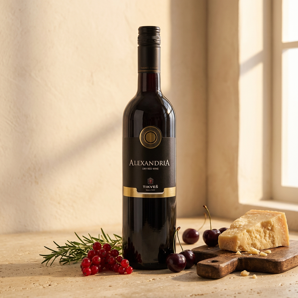 Alexandria Classic Red with red currants, cherries, rosemary and aged cheese on a wooden board